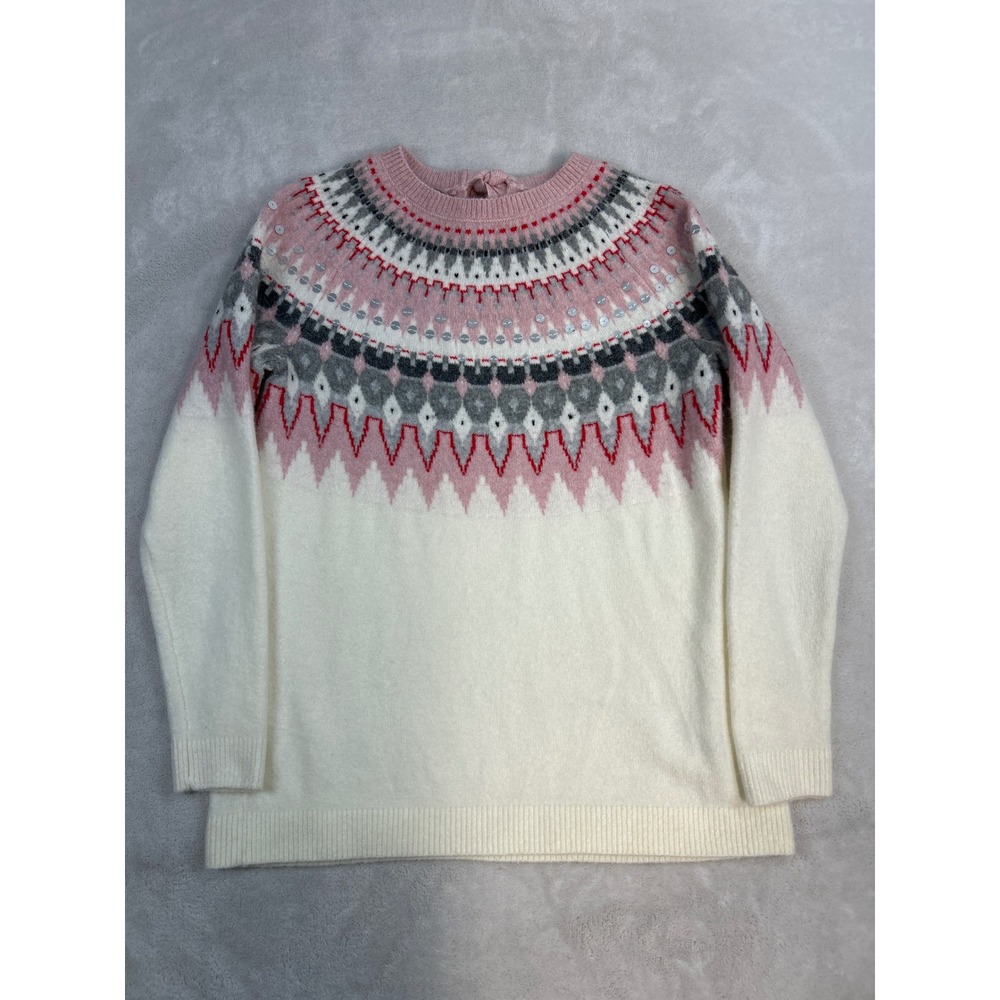 Talbots Fair Isle Sweater Womens S Petite Ivory Pink Sequin Tie Bow Cottagecore